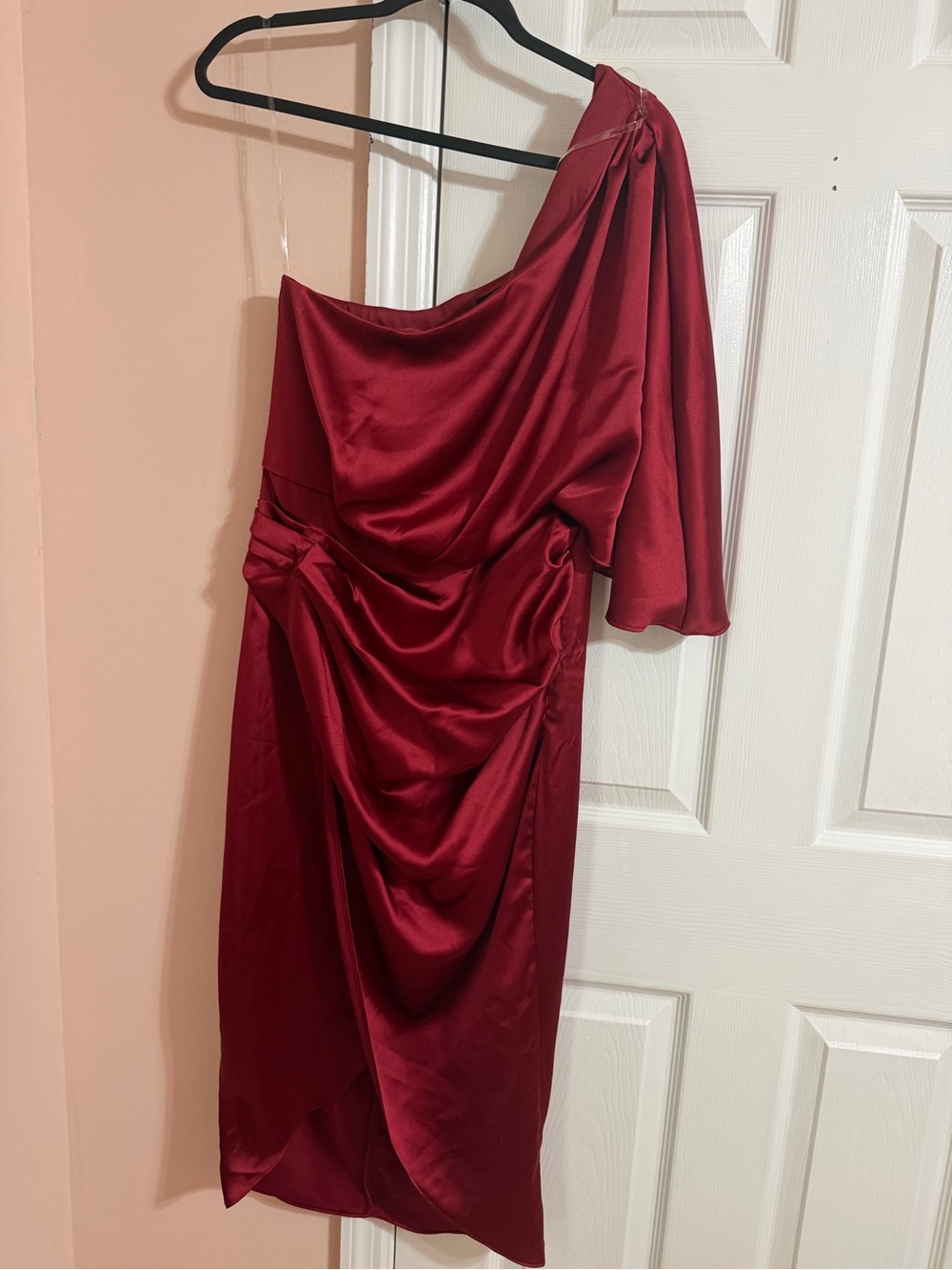 Do + Be One-Shoulder Satin Dress in Burgundy